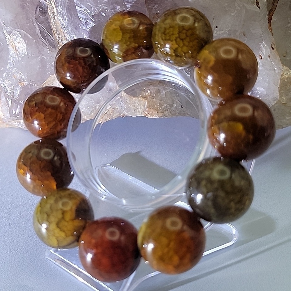 600 Cts Huge 20mm Yellow Dragon Vein Agate Gemstone Stretch Bracelet Sz 6.5 - 7